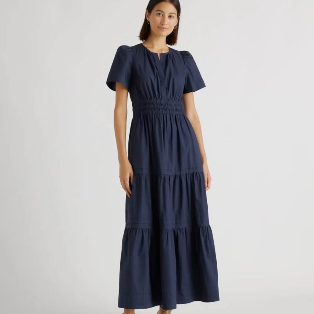 Quince 100% Organic Cotton Poplin Tiered Maxi Dress – Navy (XL)